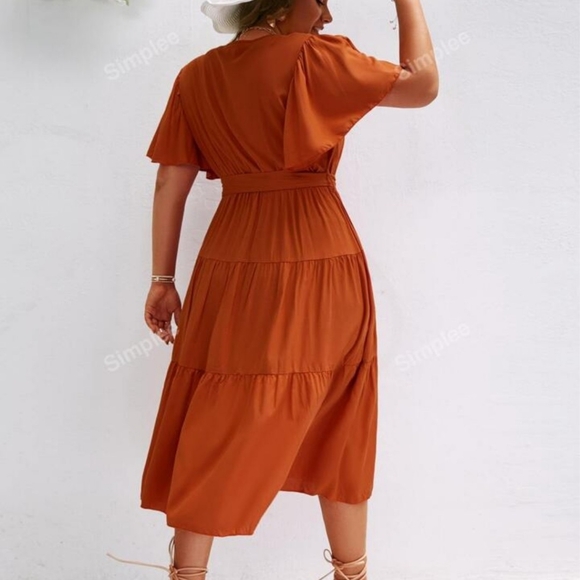 Simplee Plus Rust Orange Midi Dress Tiered Skirt 3XL - Picture 16 of 16